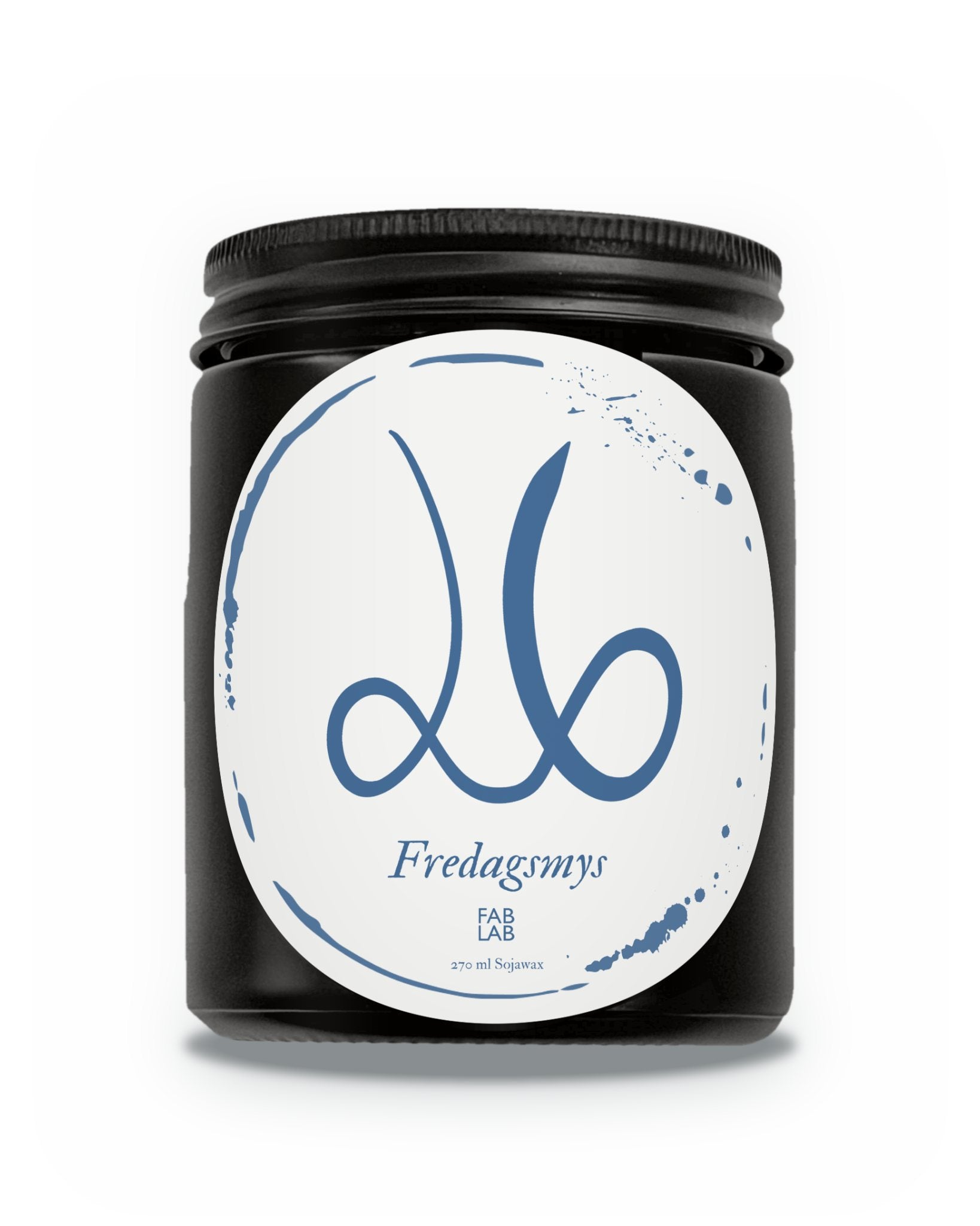 Fredagsmys doftljus från FABLAB i matt svart glas med vit etikett, 270 ml sojavax