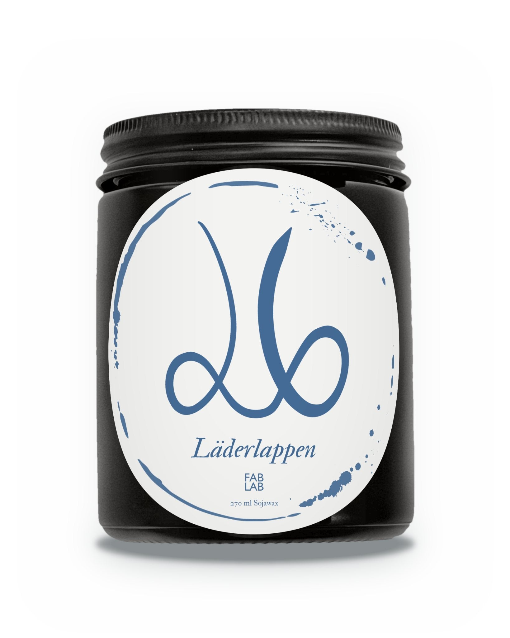 Läderlappen doftljus från FABLAB i matt svart glas med vit etikett, 270 ml sojavax