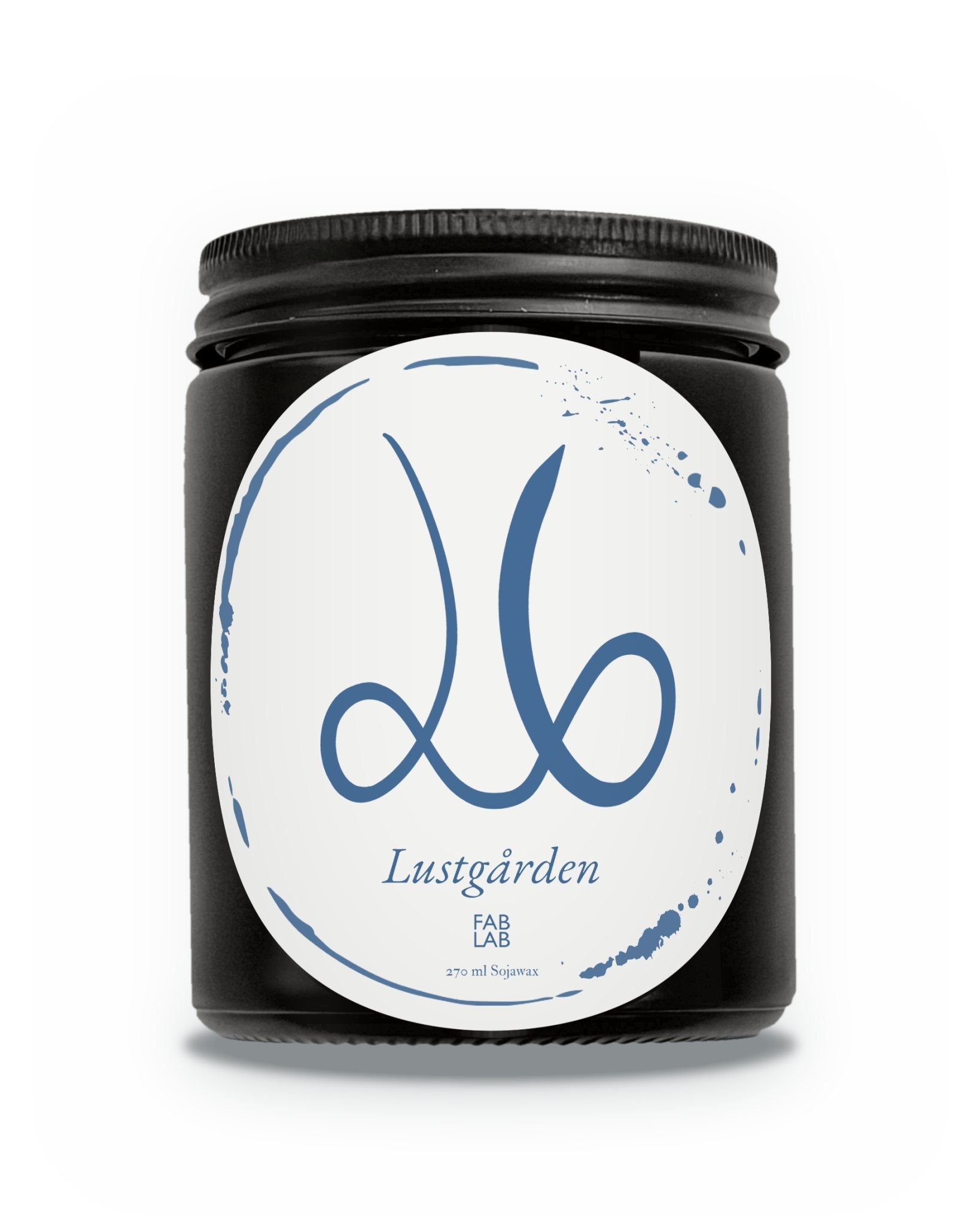 Lustgården doftljus från FABLAB i matt svart glas med vit etikett, 270 ml sojavax